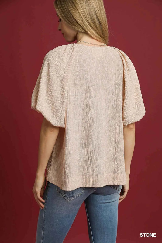 Texture Puff Sleeve Notched Blouse e22bdce5-52be-471d-a402-9273f08de796-Max-Origin