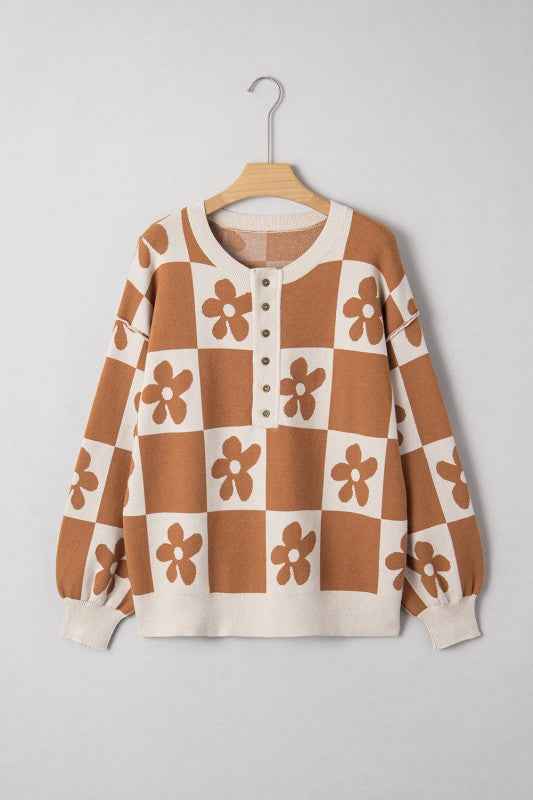 Flower Checker Henley Baggy Sweater e22be372-b1fc-4fb0-a47c-c101813fa90d