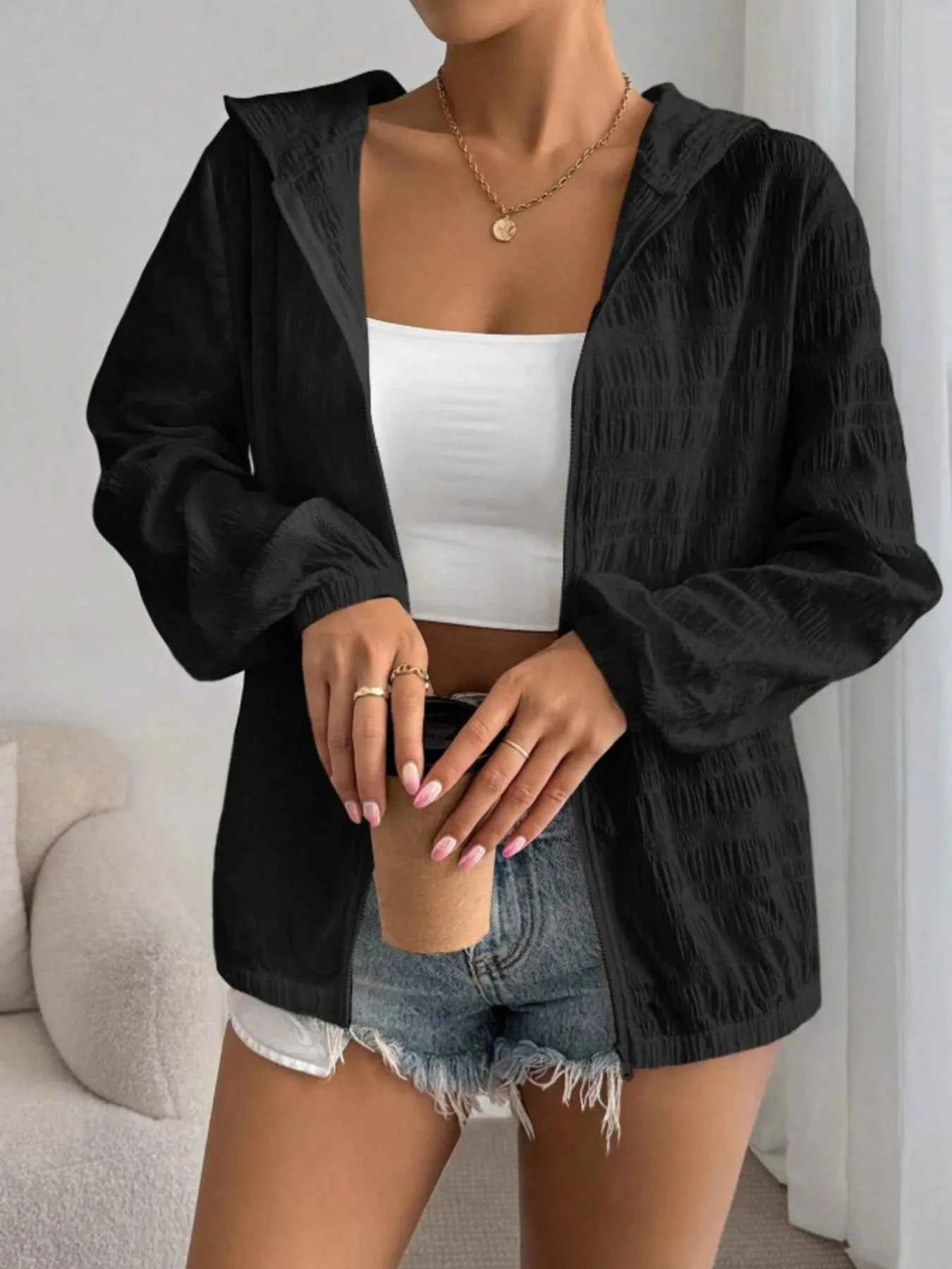 Zip Up Long Sleeve Hooded Outerwear Black e2396182d0fb4b67a022adf788eba8d5-Max-Origin