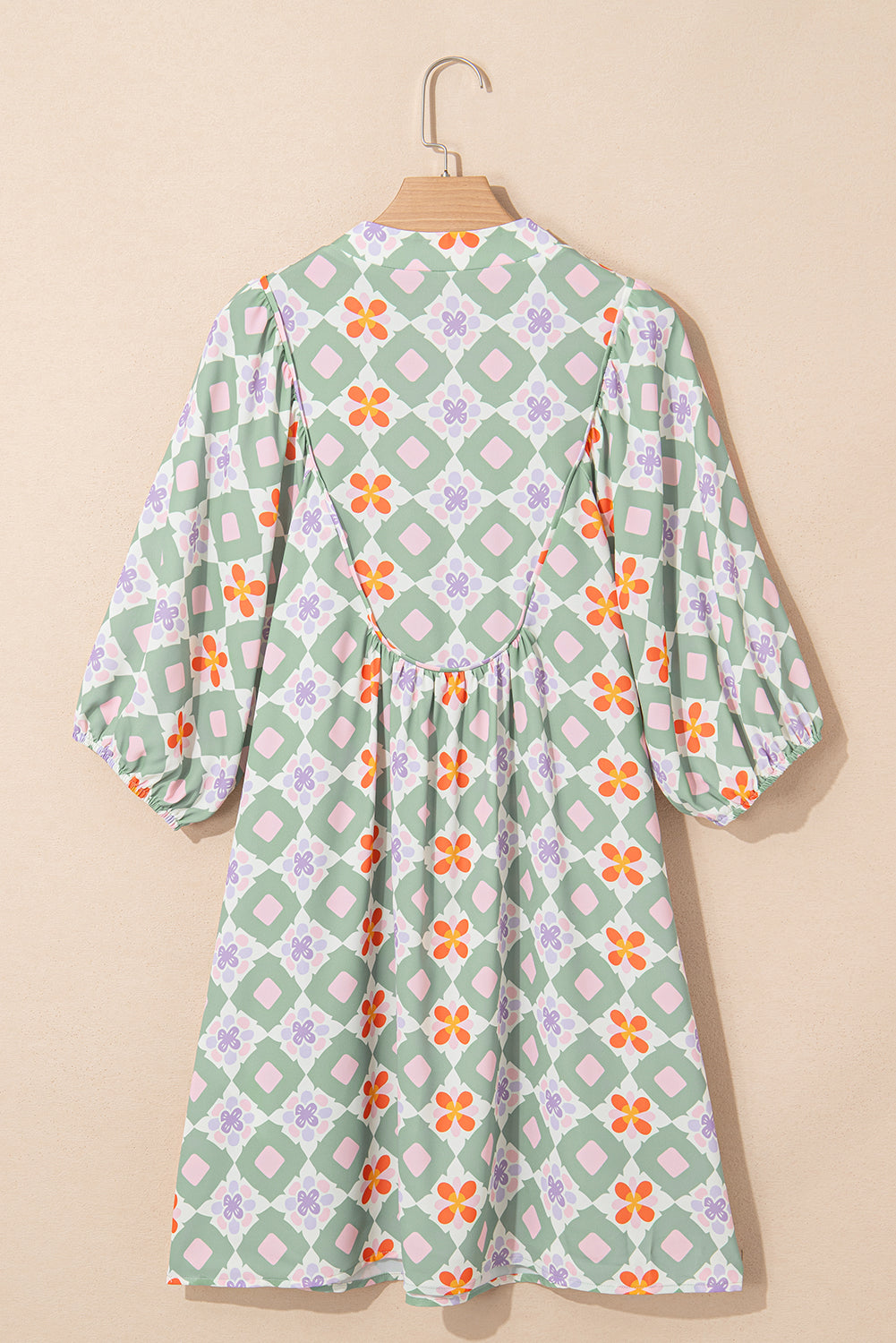 Green Geometric Floral Print 3/4 Sleeve Notched Neck Mini Dress e23b09f202d35bbc