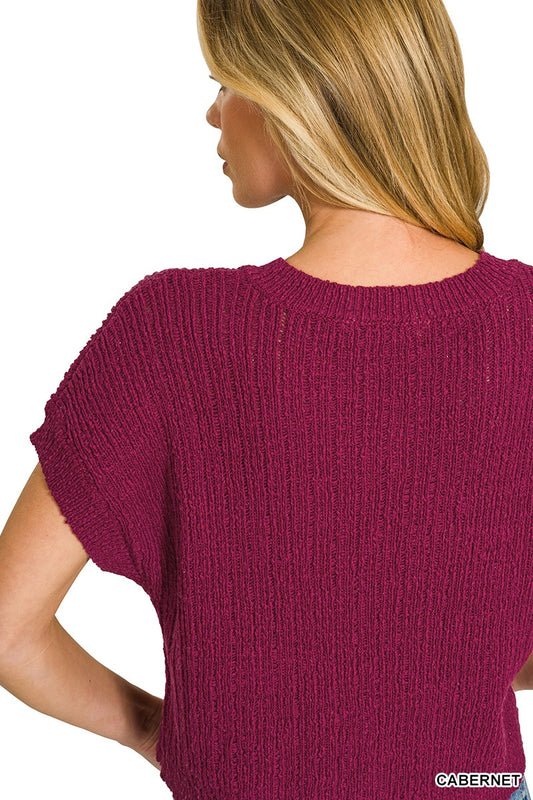 Textured Knit V-Neck Cropped Sweater e23c8dd2091e4baeac2b4c052d8bb031-Max