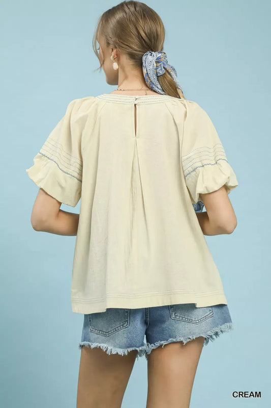 Round Neck Puff Sleeve Top with Contrast Stitch Detail e242a397-480e-43bc-bbd0-414f572cdf79-Max-Origin