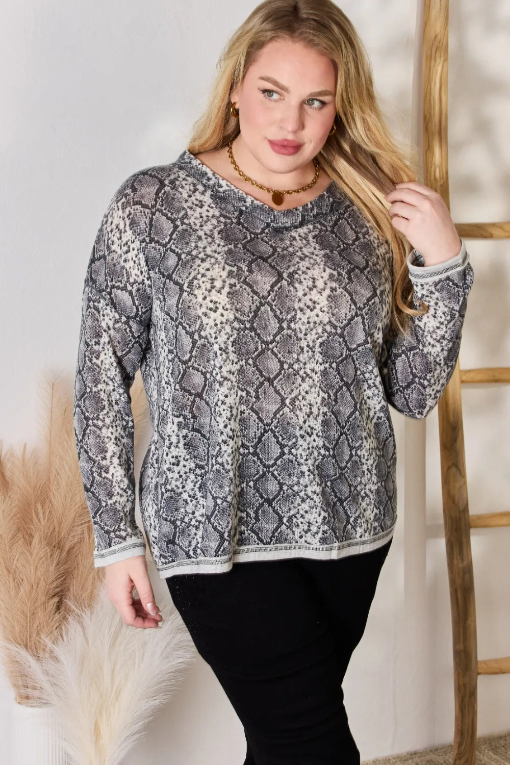 Hailey & Co Full Size Snakeskin V-Neck Long Sleeve Top e249d96c-2d75-4899-81d1-e1bb2a6c9a86-Max