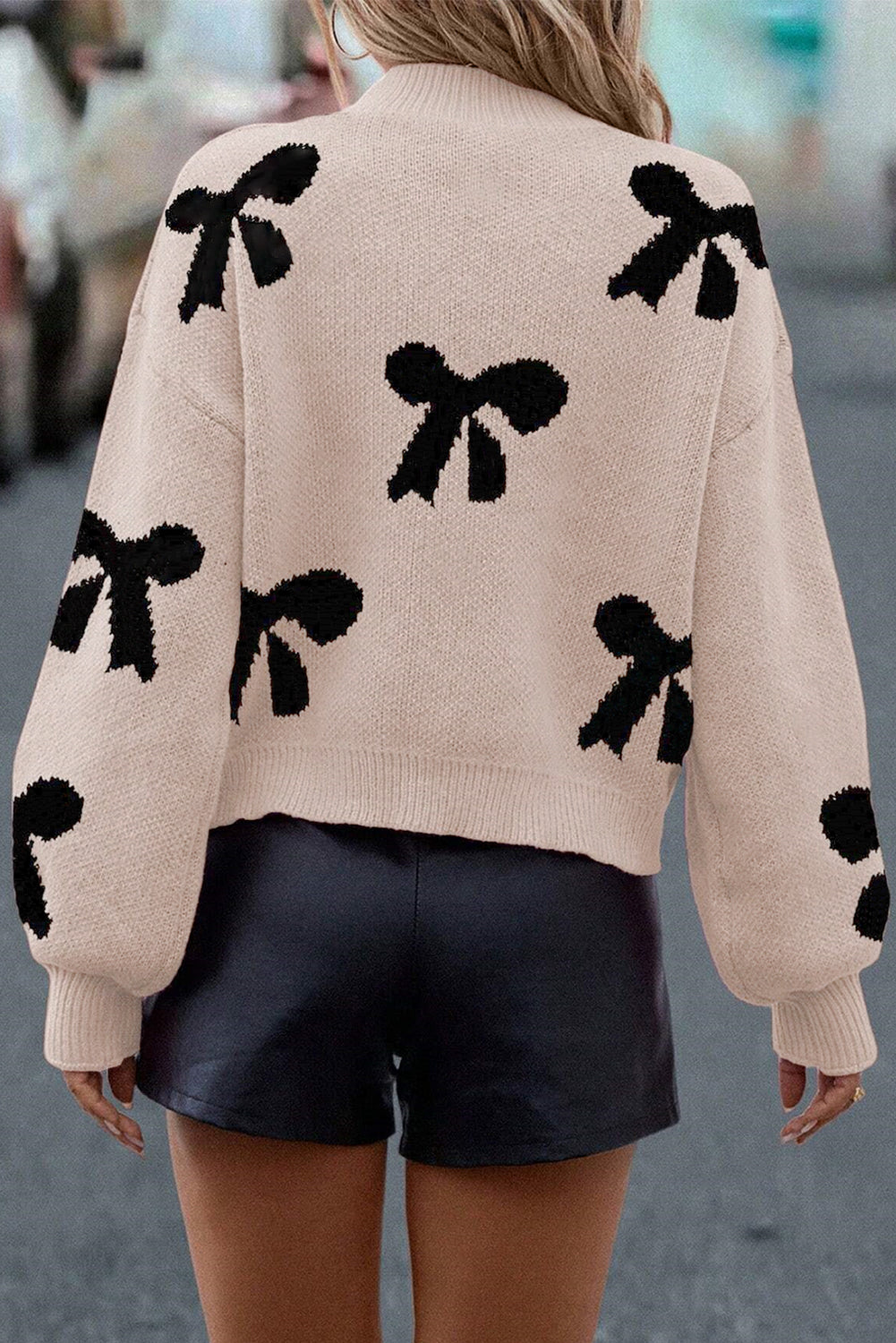 Smoke Gray Pearl Embellished Bow Pattern Loose Sweater e24b546cad952550