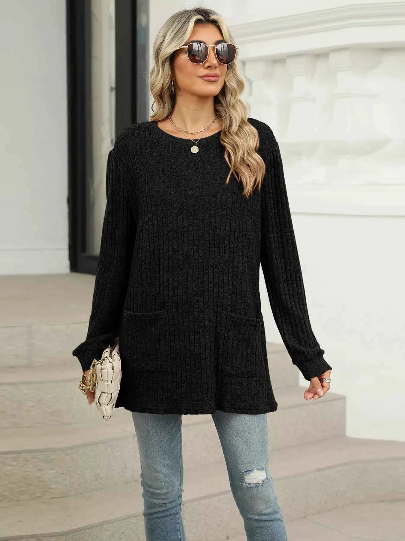 Ribbed Knit Long Sleeve T-Shirt e24b5bf1ac9b40f49aec4aecea0804fb-Max-Origin