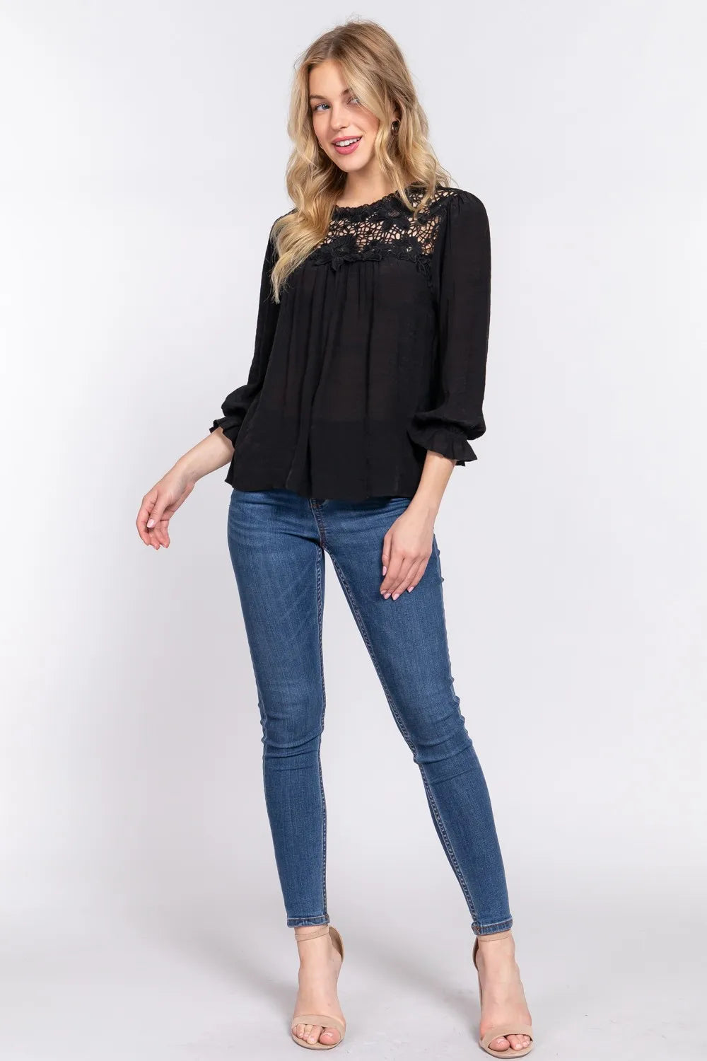 ACTIVE BASIC Crochet Lace Panel Flounce Sleeve Blouse e252b454-1fbe-47f6-bd15-64f3f5931bb3-Max