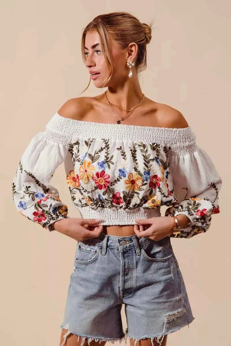 SO ME Floral Embroidered Off The Shoulder Crop Top OFF WHITE e252de9b9c764c68a86a92eb0b9de1db-Max-Origin