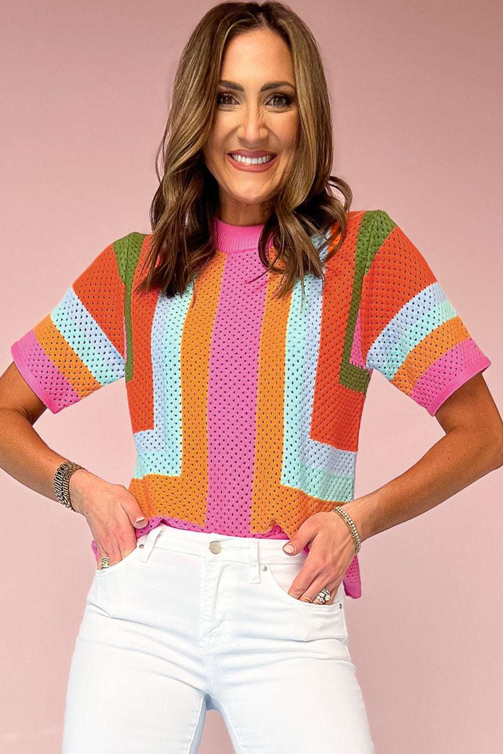 Orange Colorblock Eyelet Casual Knit T Shirt e2550411cdd126ef-_3