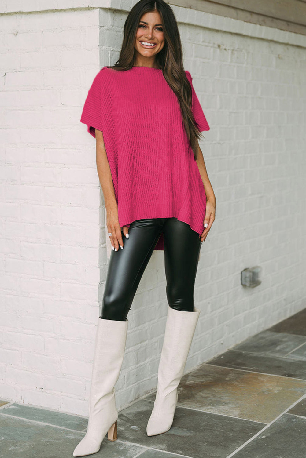 Rose Red Side Slit Short Sleeve Oversized Sweater e257698f7b836f89