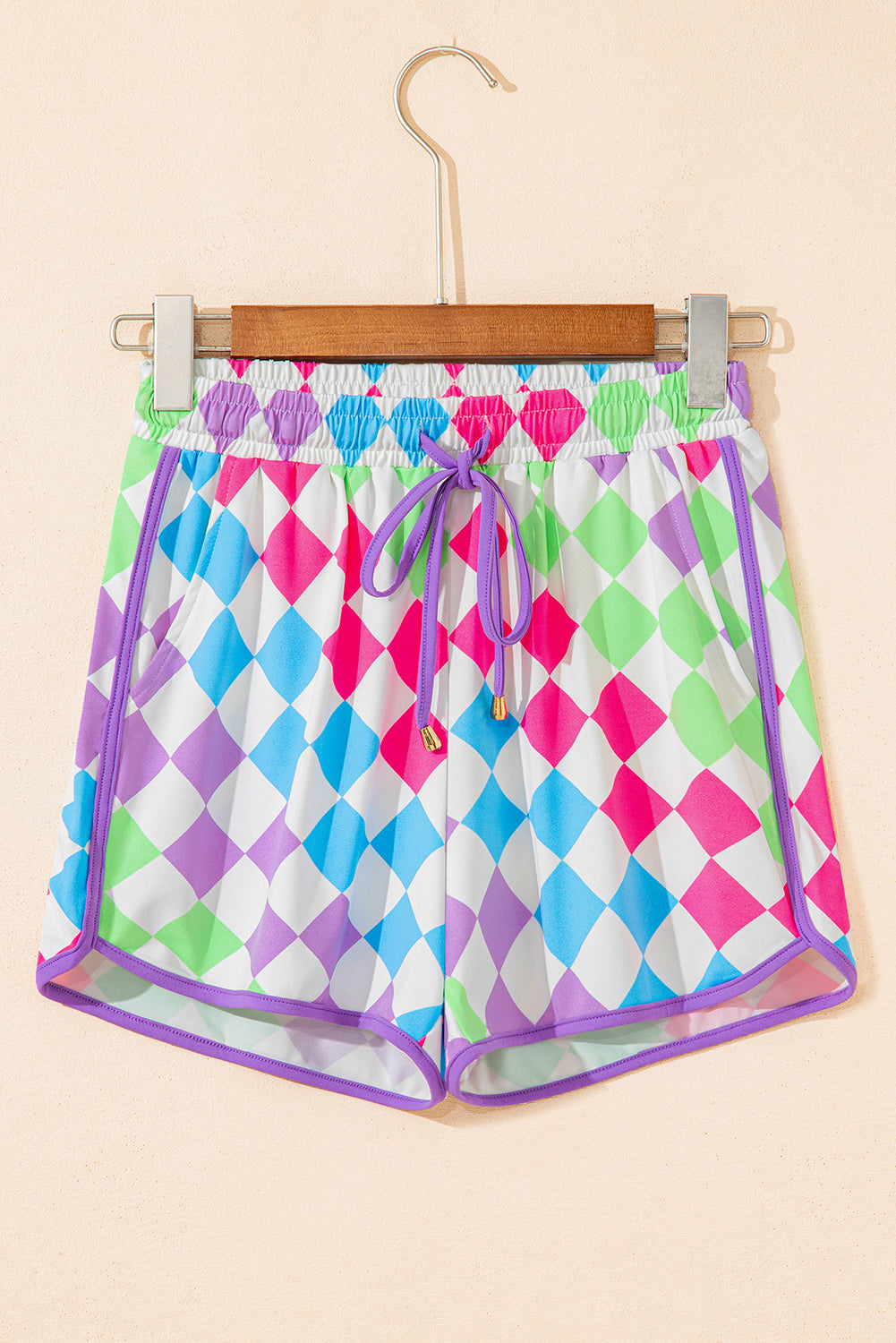 Rose Checkered Drawstring Elastic Waist Casual Shorts e258e6303bf142cb