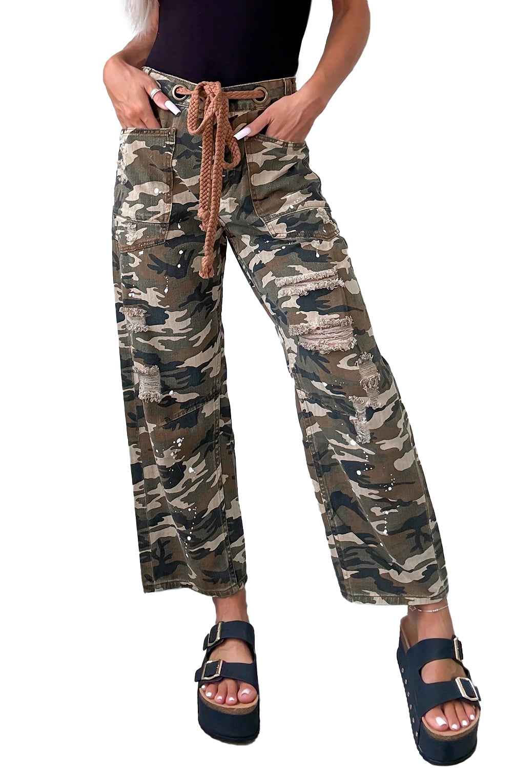 Green Camouflage Print Splashed Distressed Loose Denim Pants e25a2035232c740d