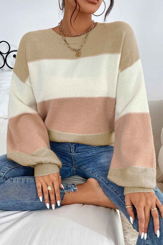 Dusty Pink Color Block Lantern Sleeve Drop Shoulder Sweater Dusty Pink 42%Acrylic+30%Polyester+28%Polyamide e25d11f89ace81d9