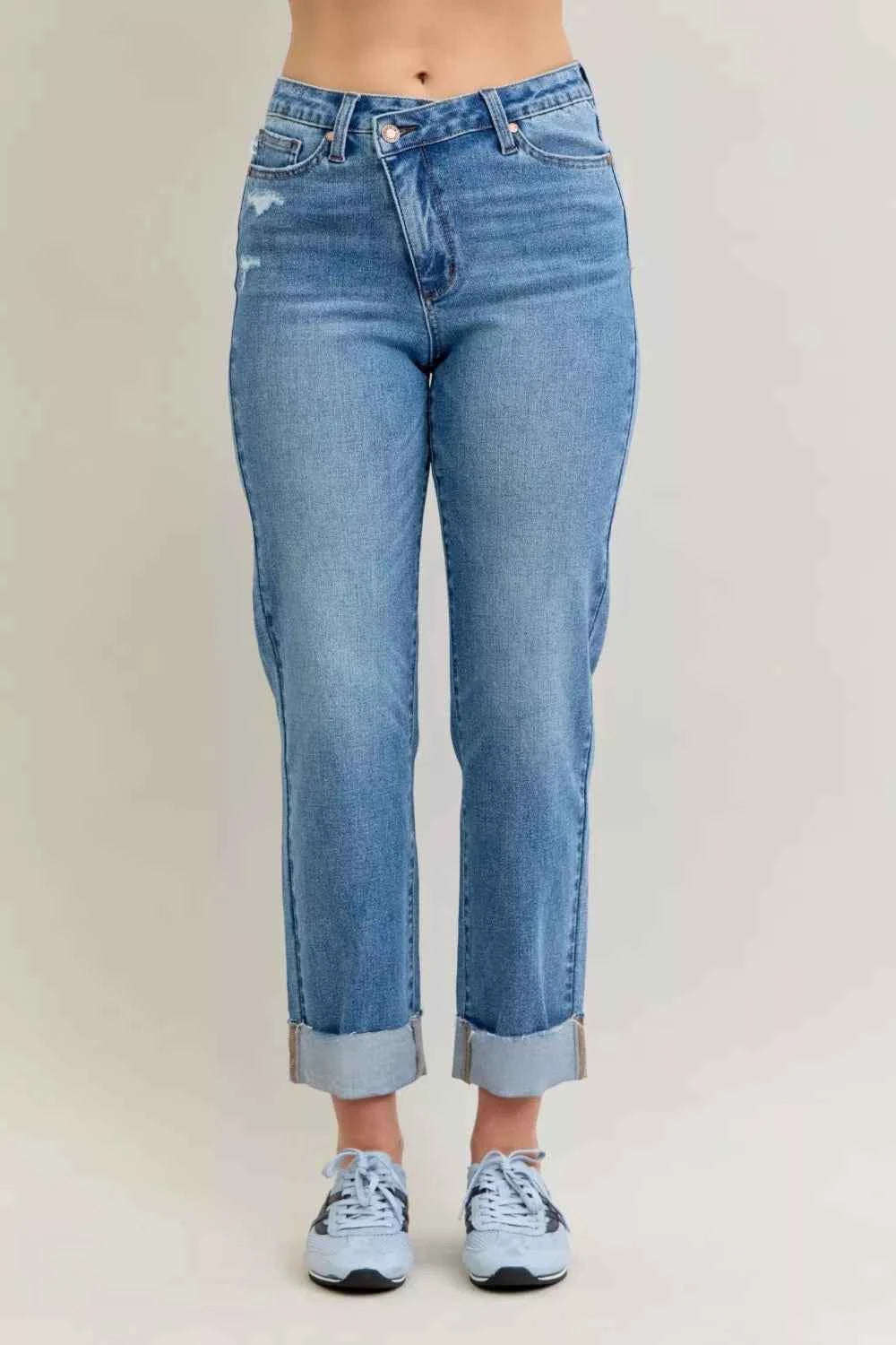 Judy Blue High Waist Bf Criss-cross Mild Destroy Jeans with Single Cuff MD e261cc4463c94f26b653c523fd2b12d2-Max-Origin