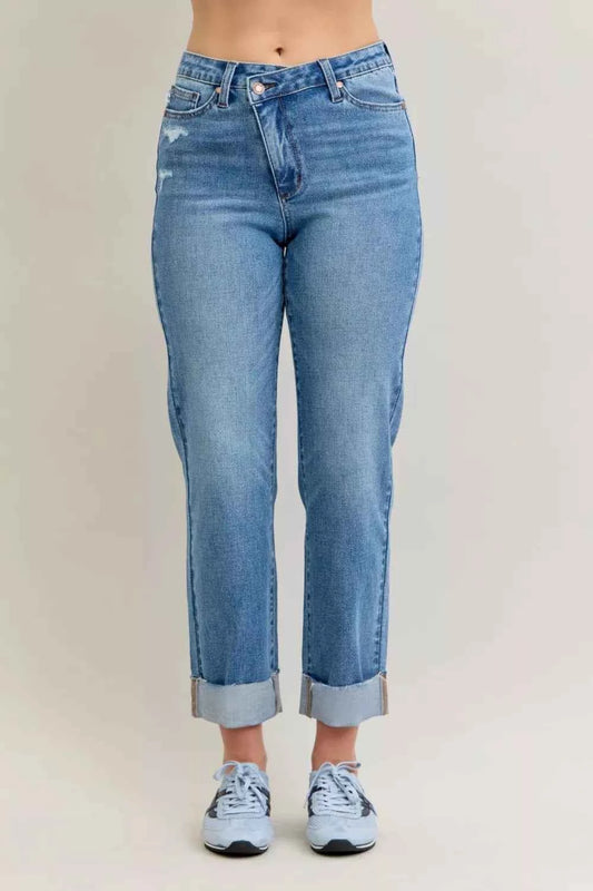 Judy Blue High Waist Bf Criss-cross Mild Destroy Jeans with Single Cuff MD e261cc4463c94f26b653c523fd2b12d2-Max-Origin