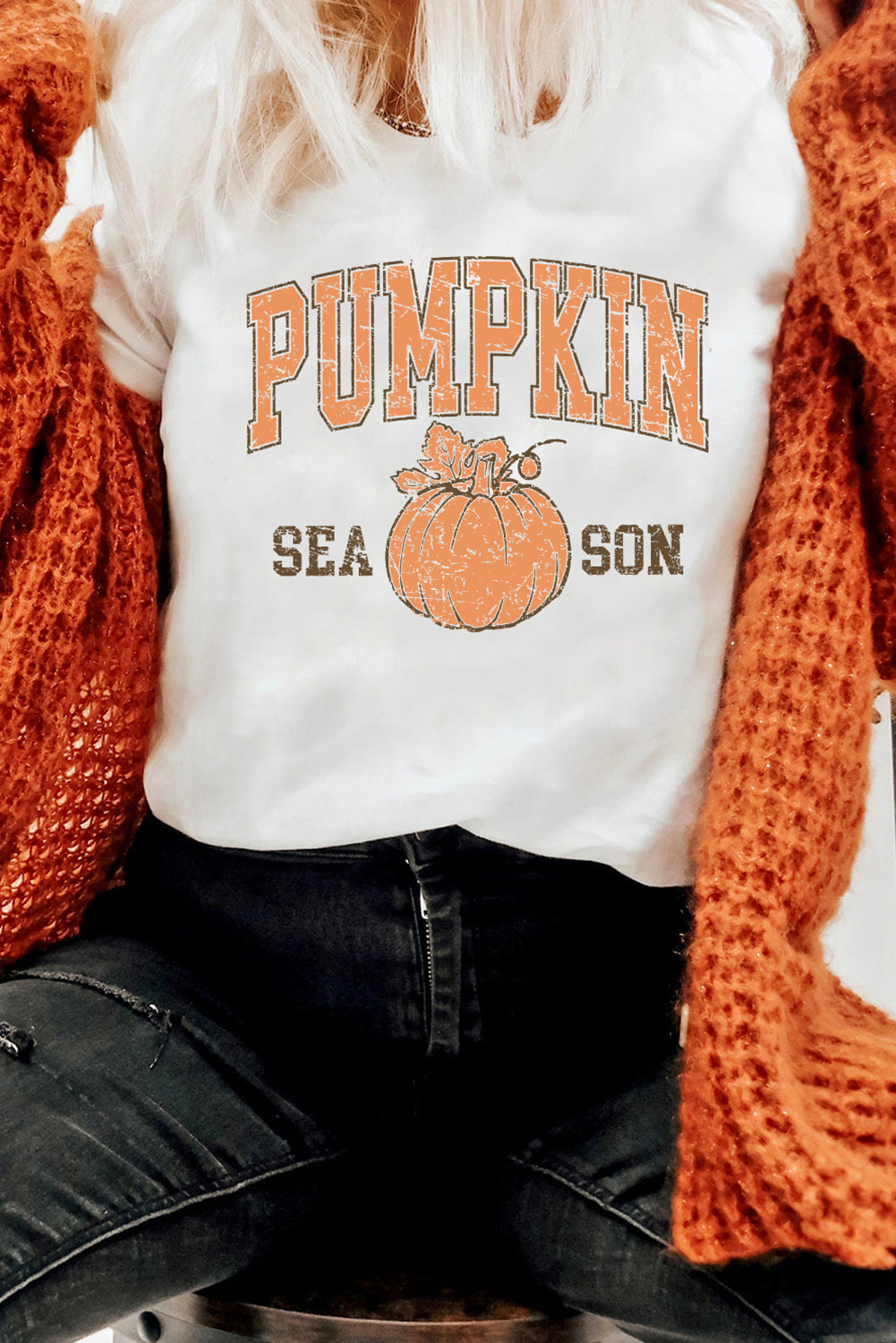 White PUMPKIN SEASON Cracking Heat Transfer Printing Cotton Blend T Shirt e2623d569b56baae