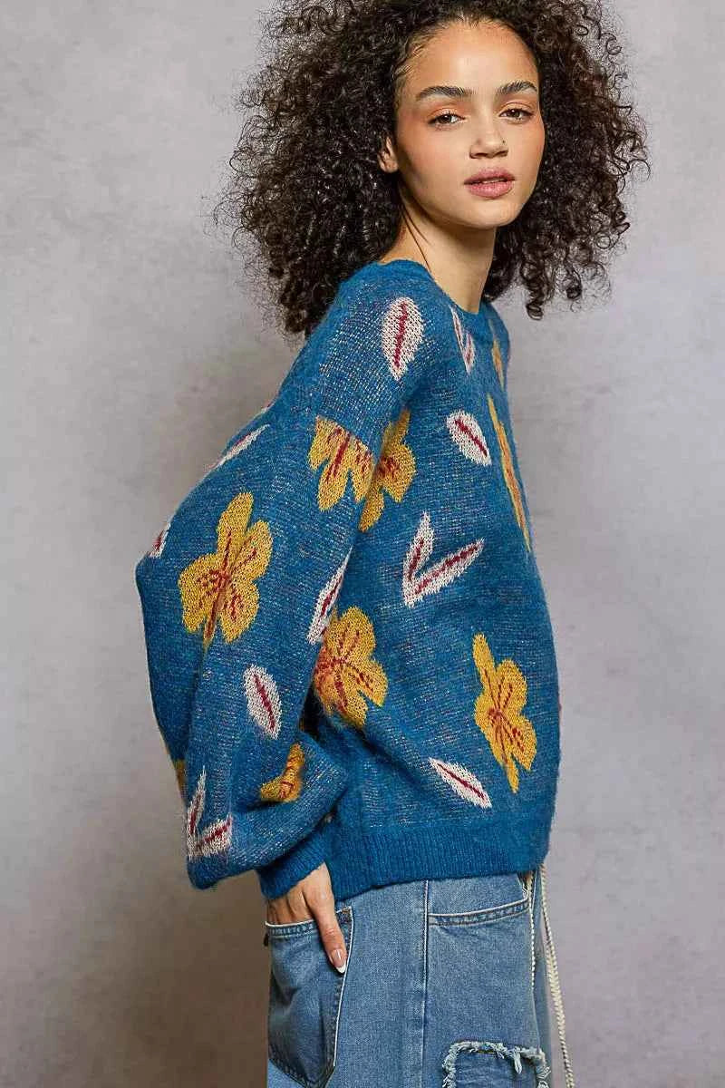 POL Floral Pattern Round Neck Balloon Sleeve Sweater