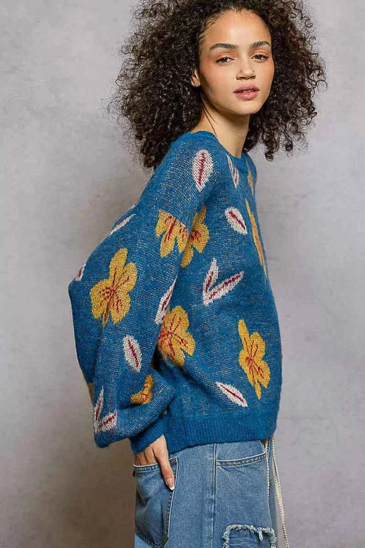 Floral Pattern Round Neck Balloon Sleeve Sweater e2658d20-9892-481d-9cb9-b2fe223d6dba-Max-Origin