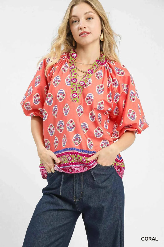 Boho Border Print Peasant Top CORAL e26a2811-d246-4975-9554-fe76db6d0601-Max-Origin