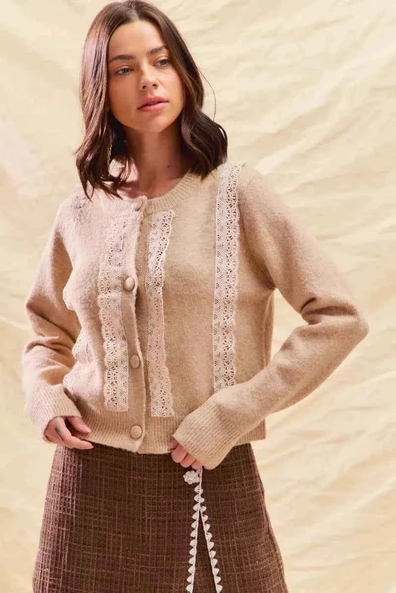 SO ME Front Lace Trim Button Cardigan Sweater OATMEAL e26ac15c6d094f7f8eca7d48bade472a-Max-Origin