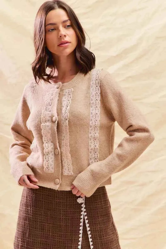SO ME Front Lace Trim Button Cardigan Sweater OATMEAL e26ac15c6d094f7f8eca7d48bade472a-Max-Origin