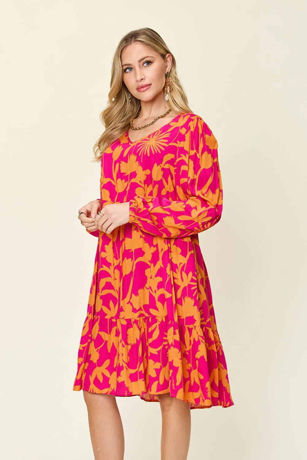 Double Take Full Size Printed Ruffle Hem Dress with Pocket e26b085d-e160-4162-ab1e-b3097f312065-Max