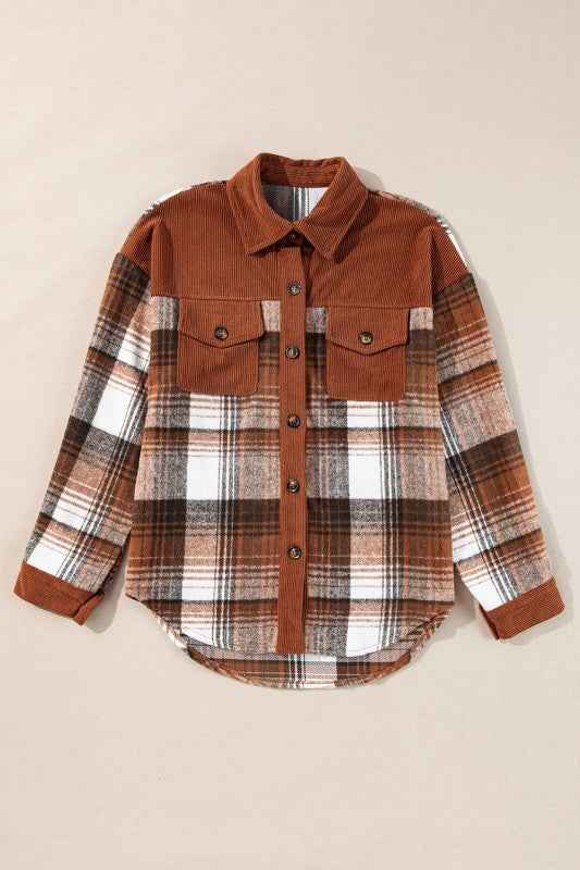 Plaid Corduroy Patchwork Pocketed Shacket e26bbd28-2708-4236-949b-20b28175362c