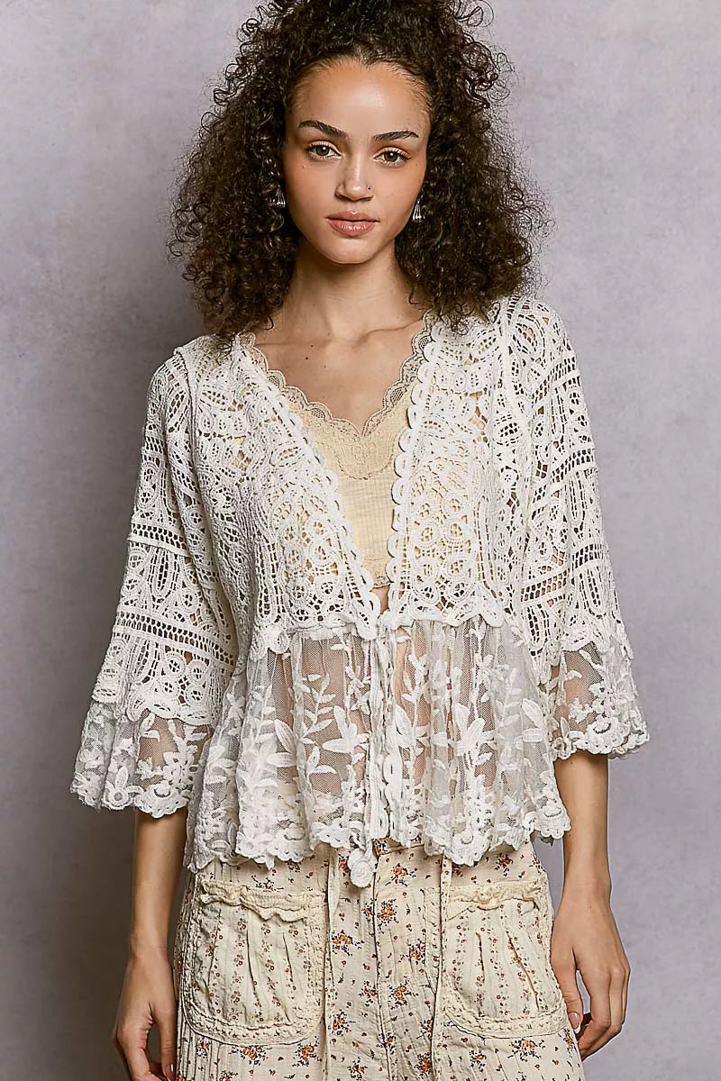 POL Floral Lace Short Sleeve Crochet Cardigan with Tassel Tie e26d4408-c24d-4721-896e-f4e4cd1a6673-Max-Origin