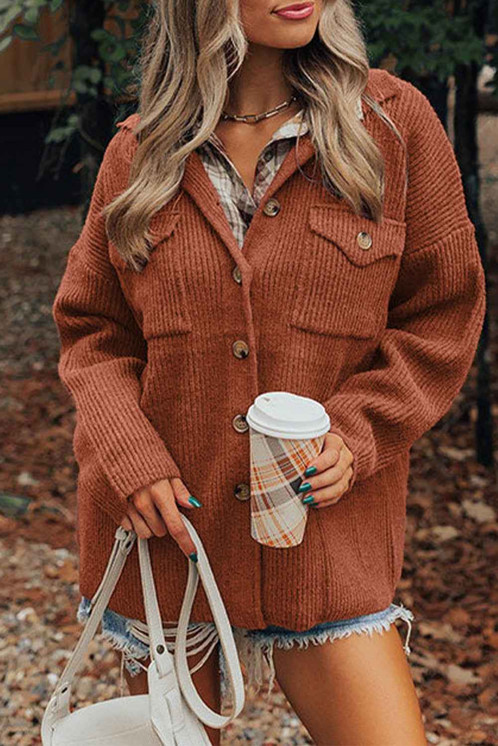 Medium Grey Ribbed Knit Buttons Front Flap Pocket Casual Shacket Red Sandalwood 85%Polyester+10%Viscose+5%Elastane e274ff1bf06da732