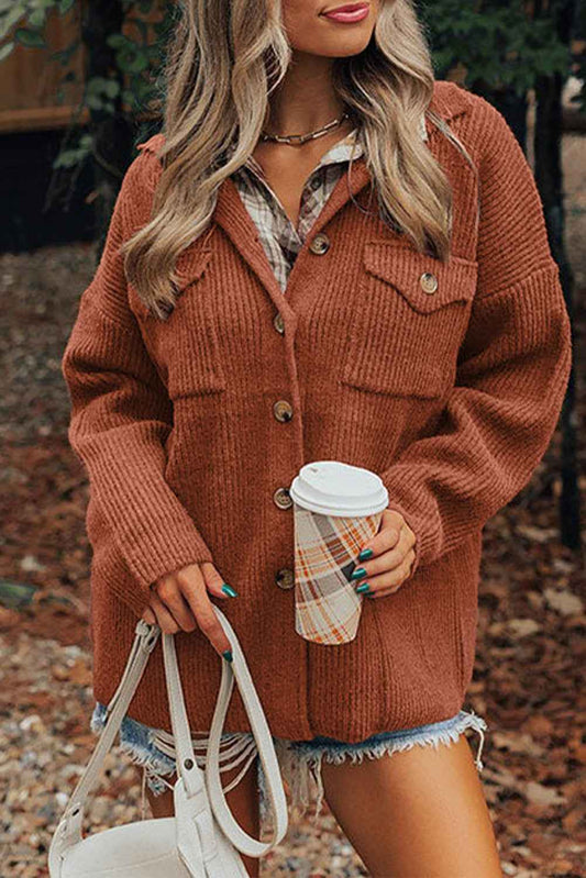 Medium Grey Ribbed Knit Buttons Front Flap Pocket Casual Shacket Red Sandalwood 85%Polyester+10%Viscose+5%Elastane e274ff1bf06da732