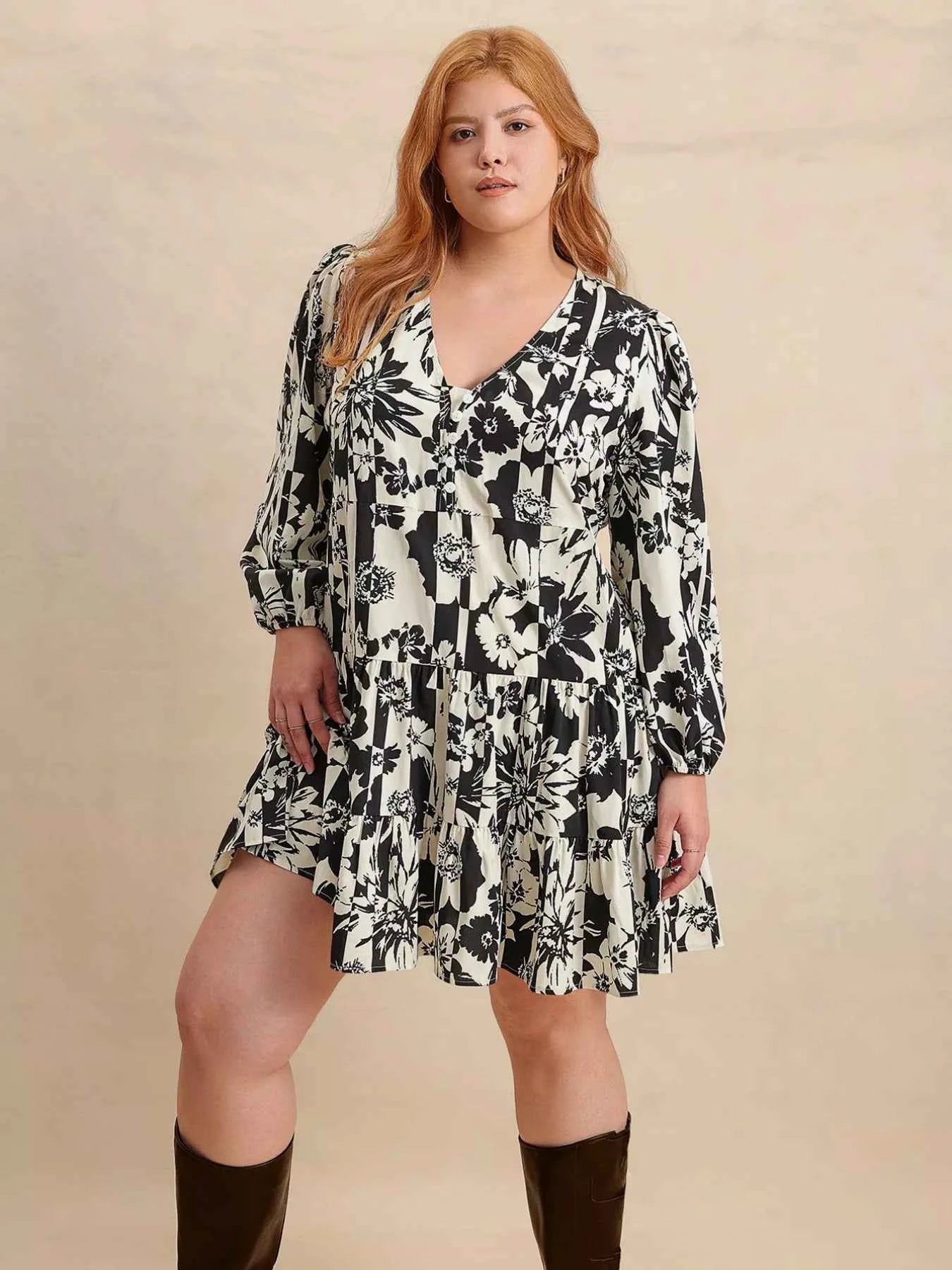 Plus Size Printed V-Neck Long Sleeve Mini Dress e275b078-2292-40dc-86d2-ecb9bdbfb599-Max-Origin