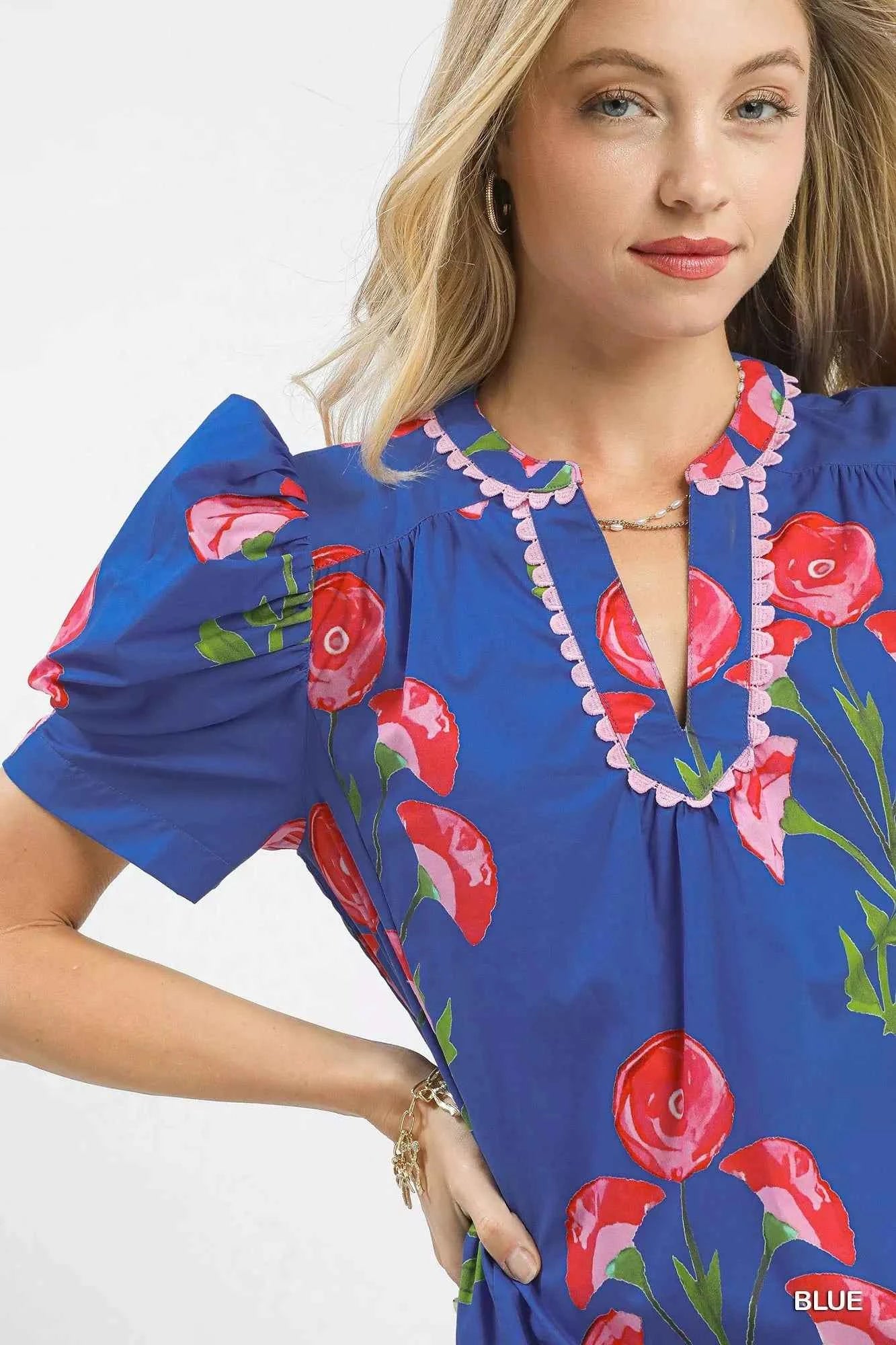 Umgee Floral Print Puff Sleeve Mini Dress with Scallop Trim e27813e5-8b70-4613-83ee-c4e25ceed4dc-Max-Origin