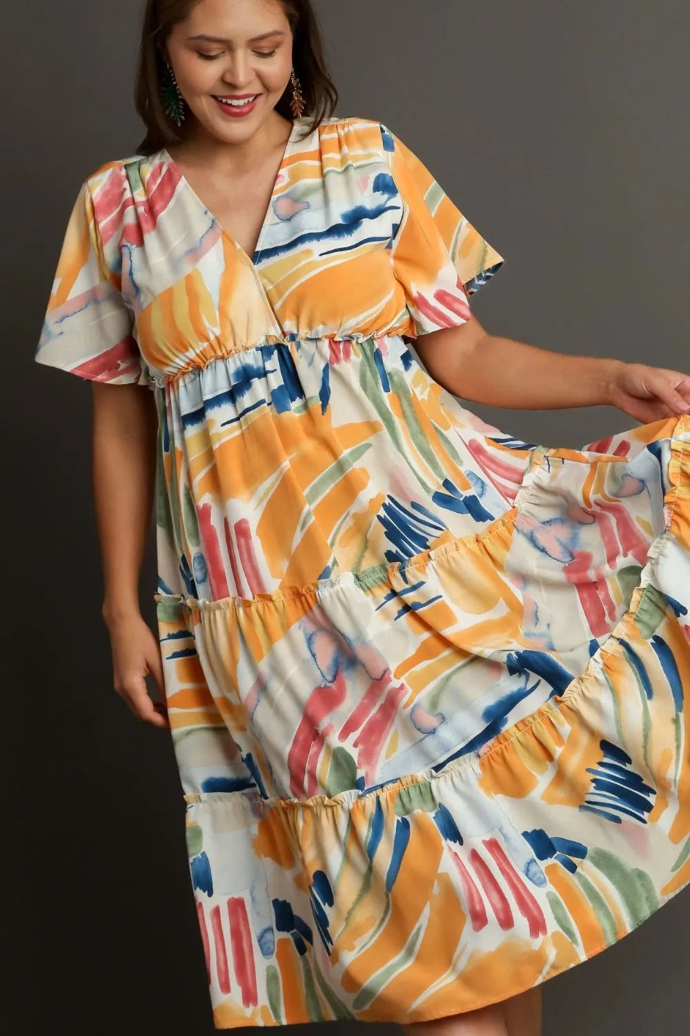 Umgee Full Size Abstract Print Flutter Sleeve Frill Tiered Midi Dress Plus Size e27b7180-7ce7-464b-8591-bbb940763491-Max