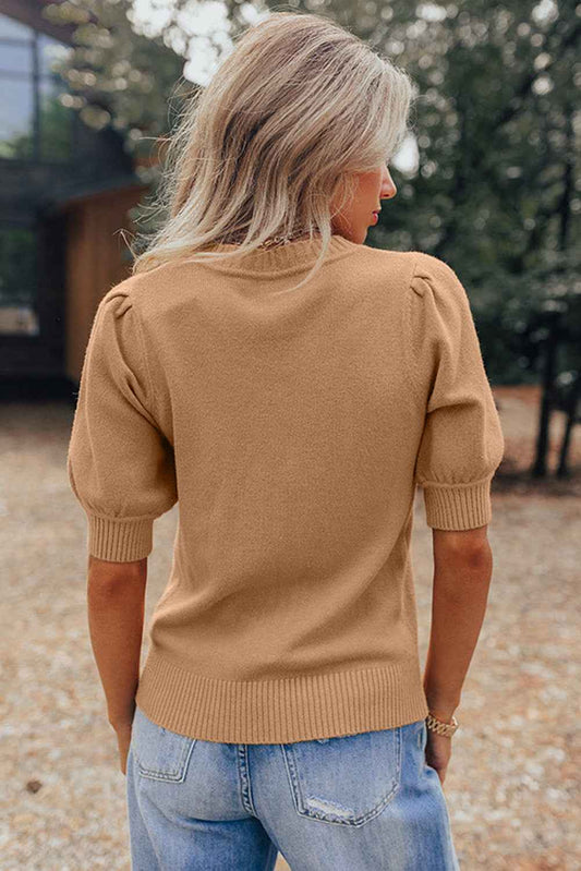 Light French Beige Solid Color Knit Short Puff Sleeve Sweater e27f7b4c6214ee6b