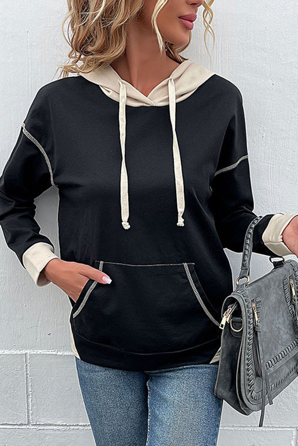 Black Contrast Trim Kangaroo Pocket Hoodie e27fe87b002988b2