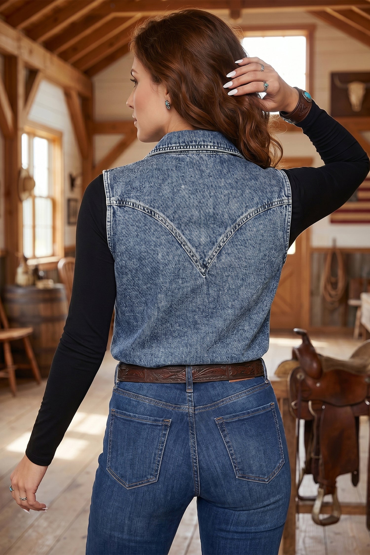 Ashleigh Blue Solid Denim Button Front Pocket Sleeveless Cowboy Vest e281fa46cbb7f60e