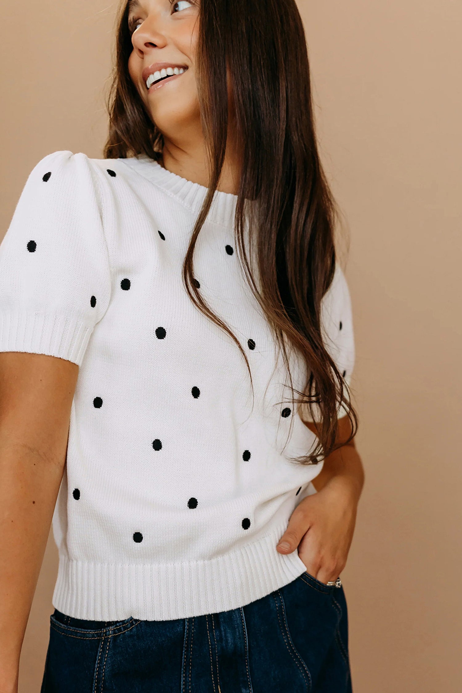 White Elegant Polka Dot Bubble Short Sleeve Sweater e287fd0f380a5e32
