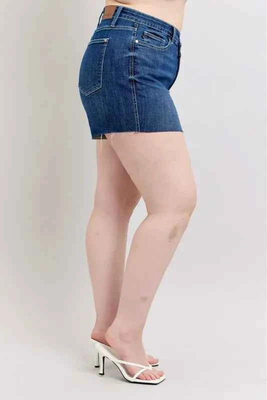Judy Blue Plus Size High Waist Criss-Cross Waistband Denim Shorts e289ea7c4e224ba585277501074fd393-Max-Origin