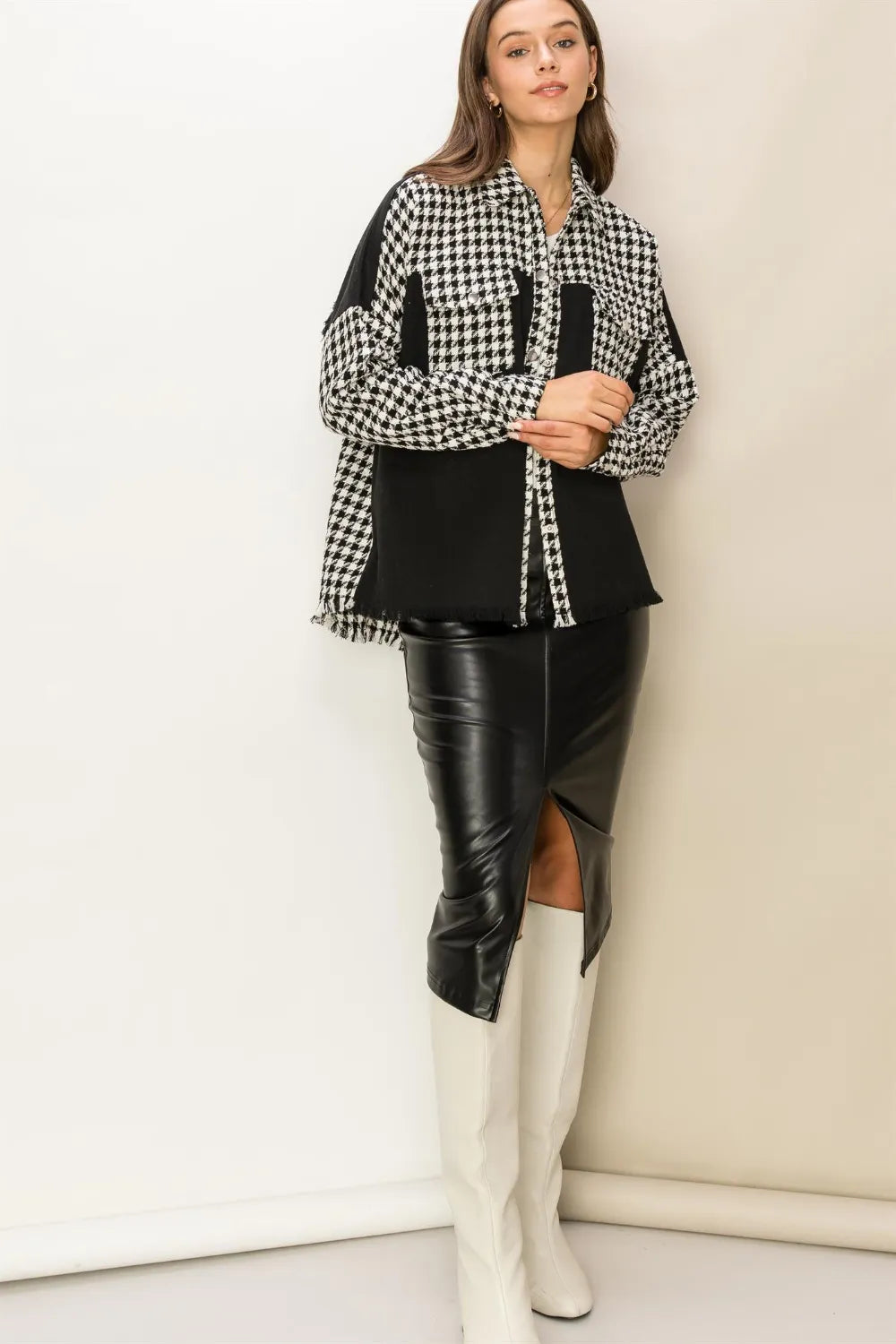HYFVE Houndstooth Contrast Raw Hem Jacket e28f2cc6-7161-45cc-bc80-62af05ccb708-Max