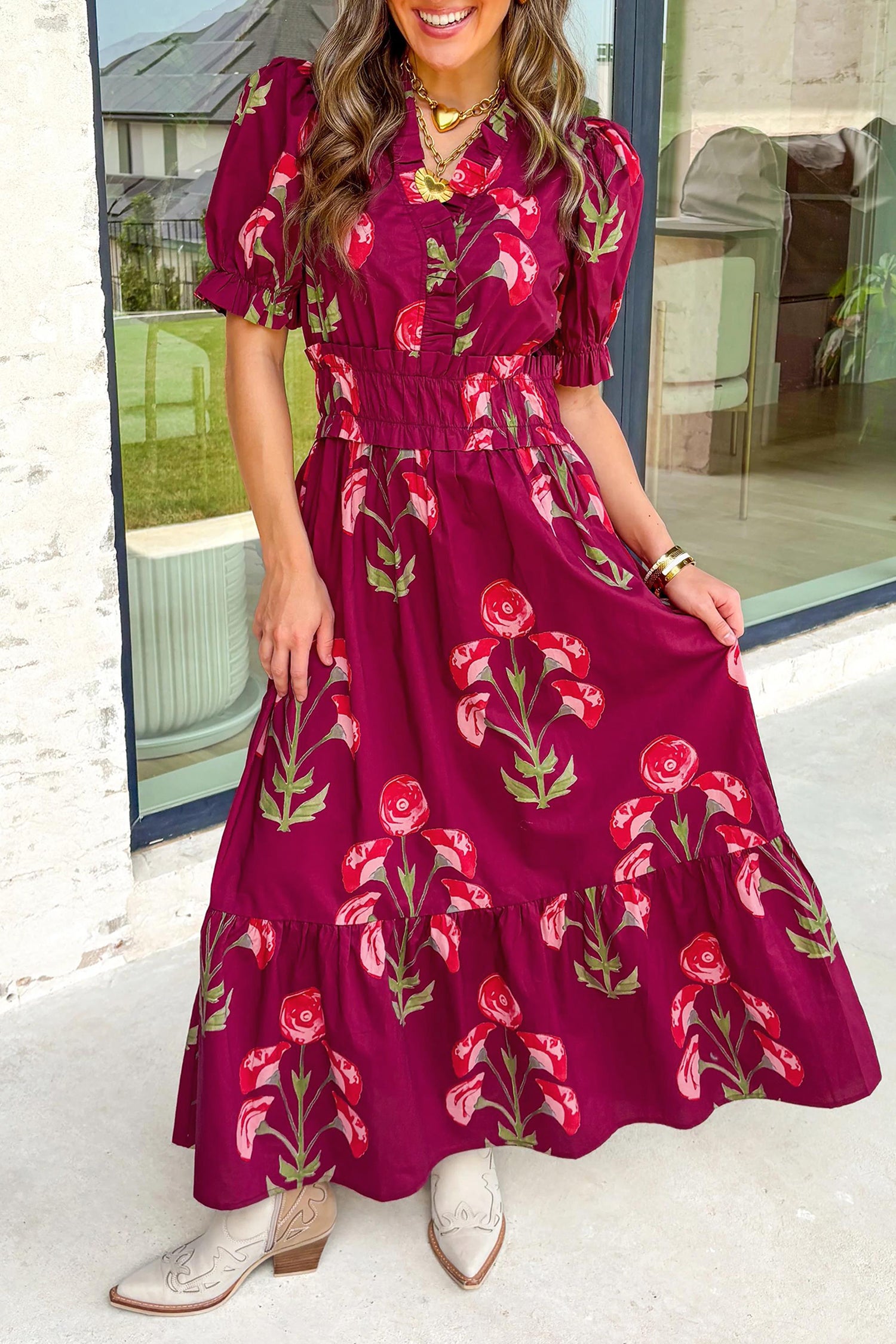 Red Floral Print Frilled V Neck Short Sleeve Ruffle Maxi Dress Red 55%Cotton+45%Viscose e292eaf150ccfa9a