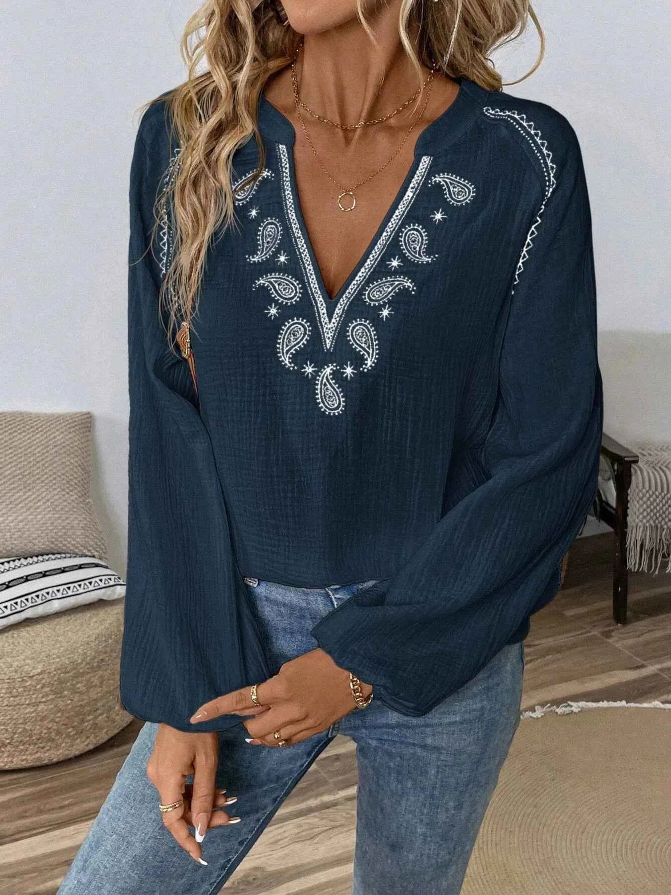 Paisley Pattern Notched Long Sleeve Blouse Navy Blue e294b3dfde35452aaaa33ebd010451fb-Max-Origin