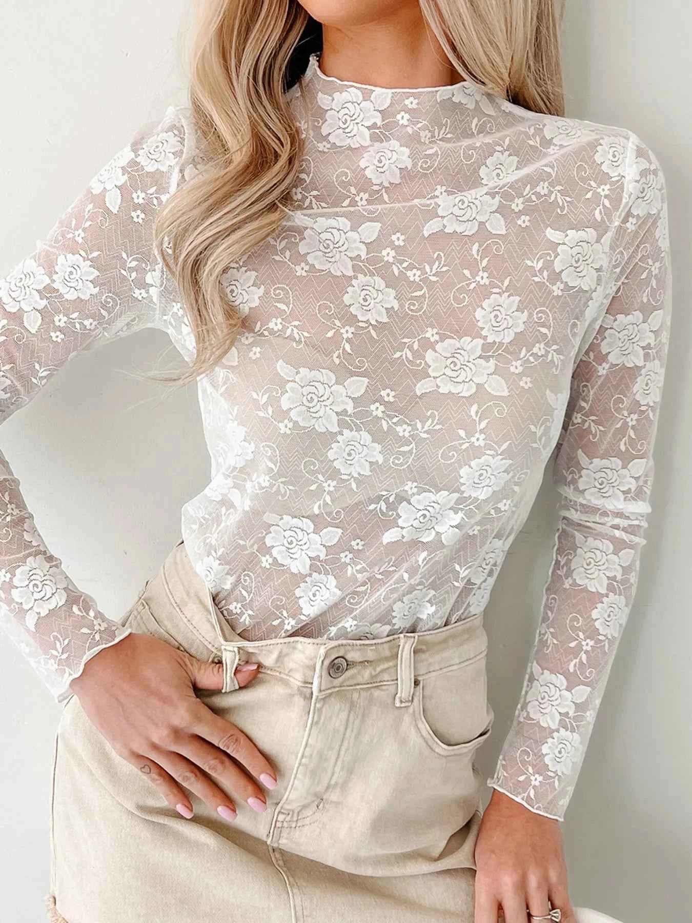 Sheer Floral Lace Mesh Mock Neck Long Sleeve Top White e29e6a496516401eb5809f51ac4329d9-Max-Origin