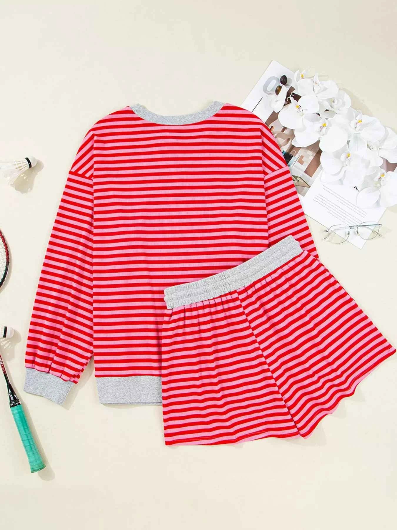 Stripe Drop Shoulder Baggy Top and Shorts Casual Set