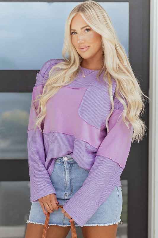 Colorblock Waffle Knit Patchwork Long Sleeve Top e2a41c09-cf21-4133-92fc-d2015d445a3d