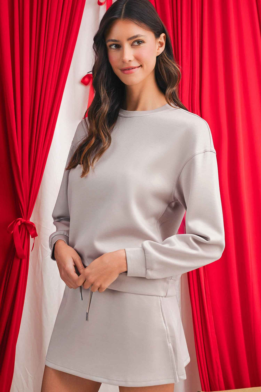 Coffee Solid Color Drop Shoulder Pullover Drawstring Mini Skirt Set e2a71f3d735a6d36