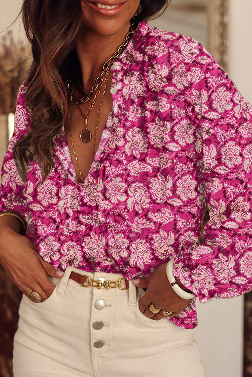 Pink Floral Print Split Neck Pleated Puff Sleeve Blouse Pink 100%Polyester e2a8681de720087a