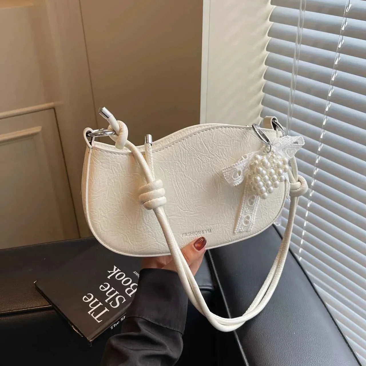 Leather Shoulder Bag with Pearl Detail Beige onesize e2afe2dbf10940cbace496963d07861f-Max-Origin