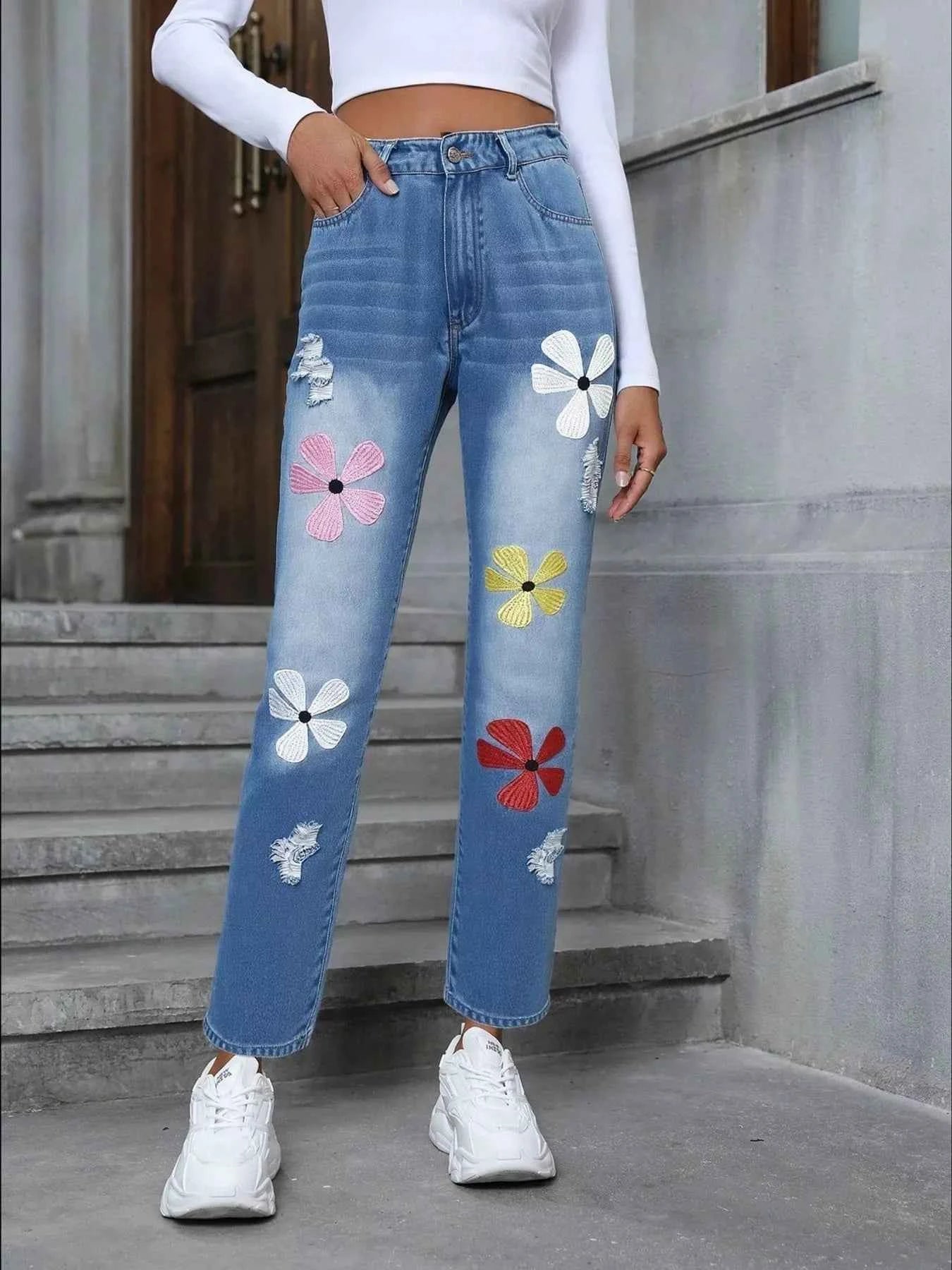 Floral Embroidered High Waist Distressed Jeans e2b0e8e286664087b5e3788beba9bc2d-Max-Origin