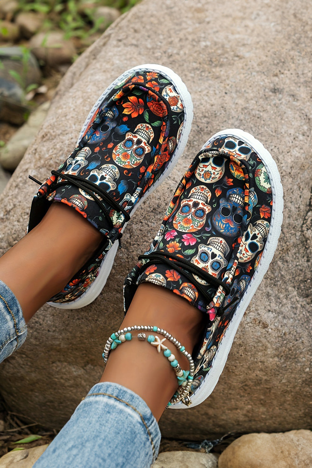 Dark Blue Halloween Skull Print Lace Up Casual Shoes e2b447b20d80787e