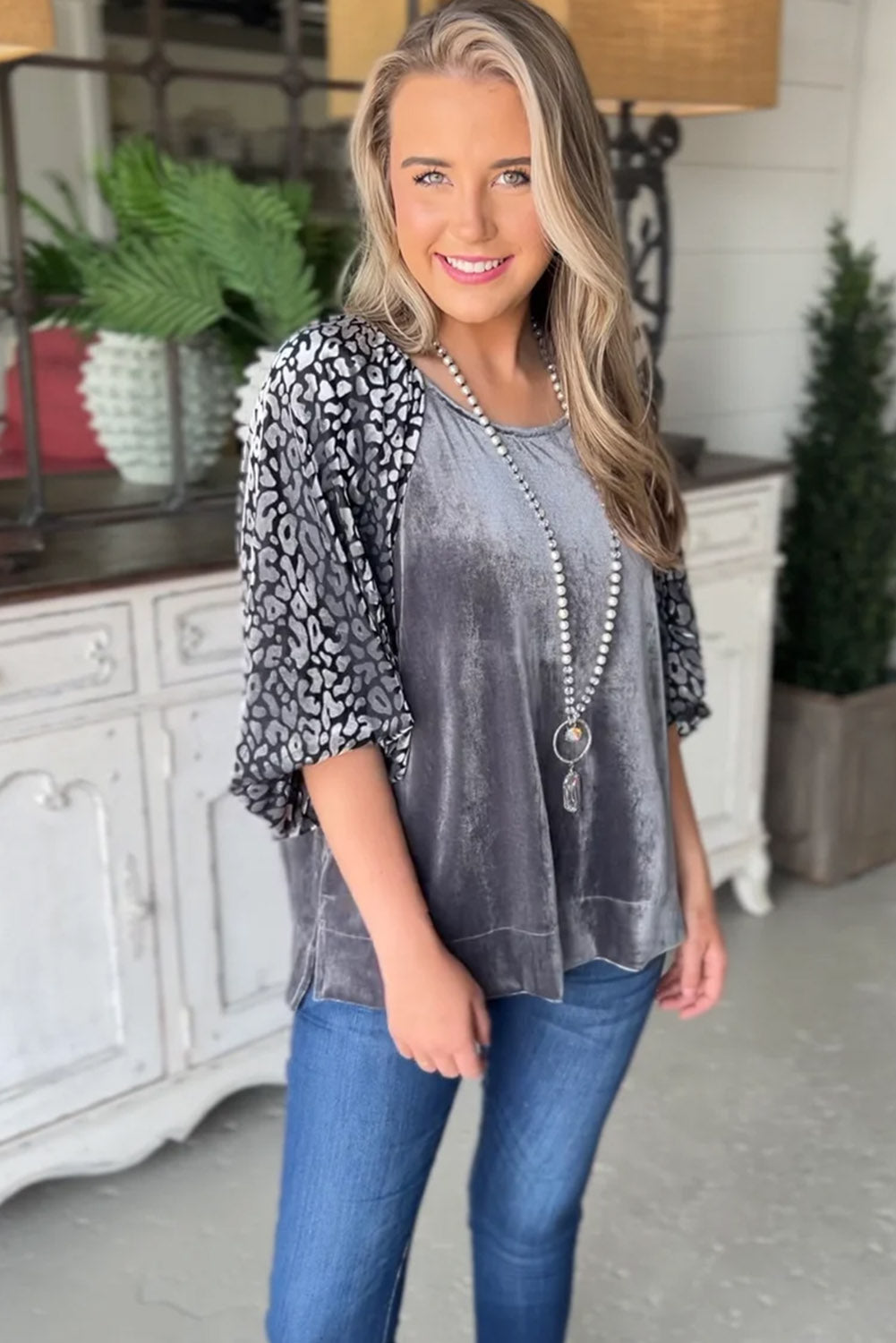 Grey Leopard Splicing Lantern Sleeve Velvet Blouse e2b513743f132c70
