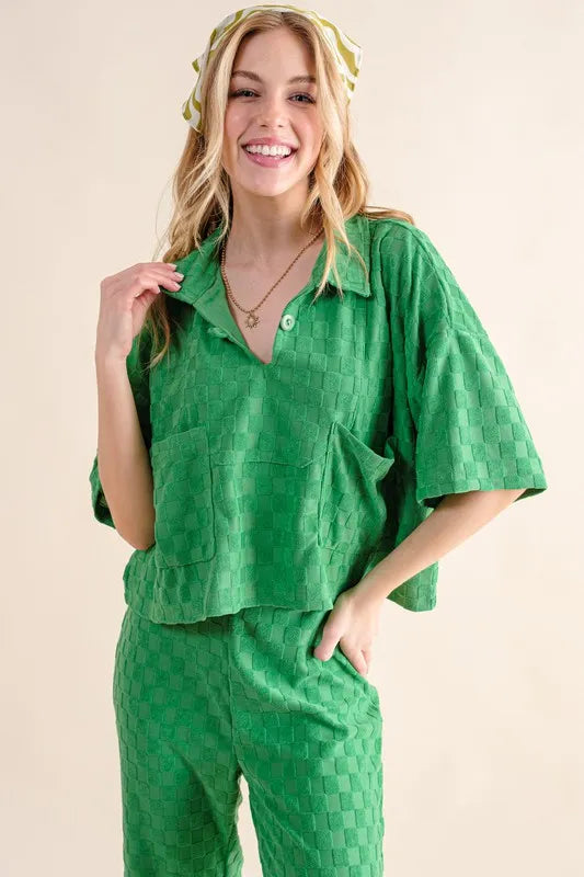Oversized Brushed Checkerboard Casual Top with Pockets GREEN e2b9772b1b0242198eb6fd52e7a9d056-Max-Origin